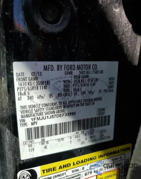 2013 Ford Expedition Xlt из США, поврежденный, VIN 1FMJU1J57DEF33590